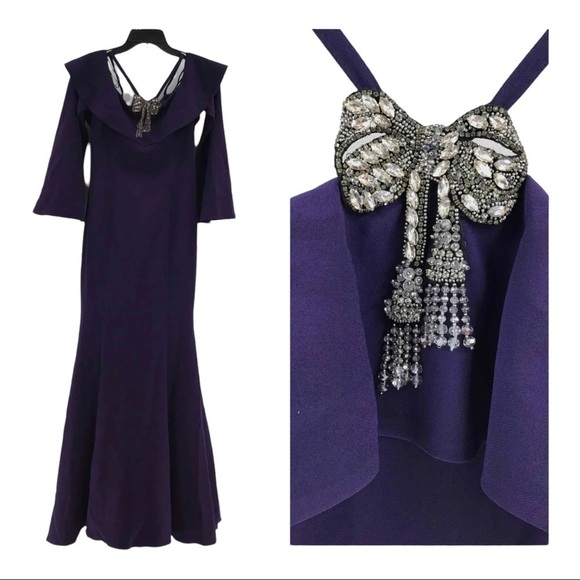 NWT TERI JON RICKIE FREEMAN Purple Bow Detail Trumpet Maxi Gown Size 2 - Picture 1 of 8
